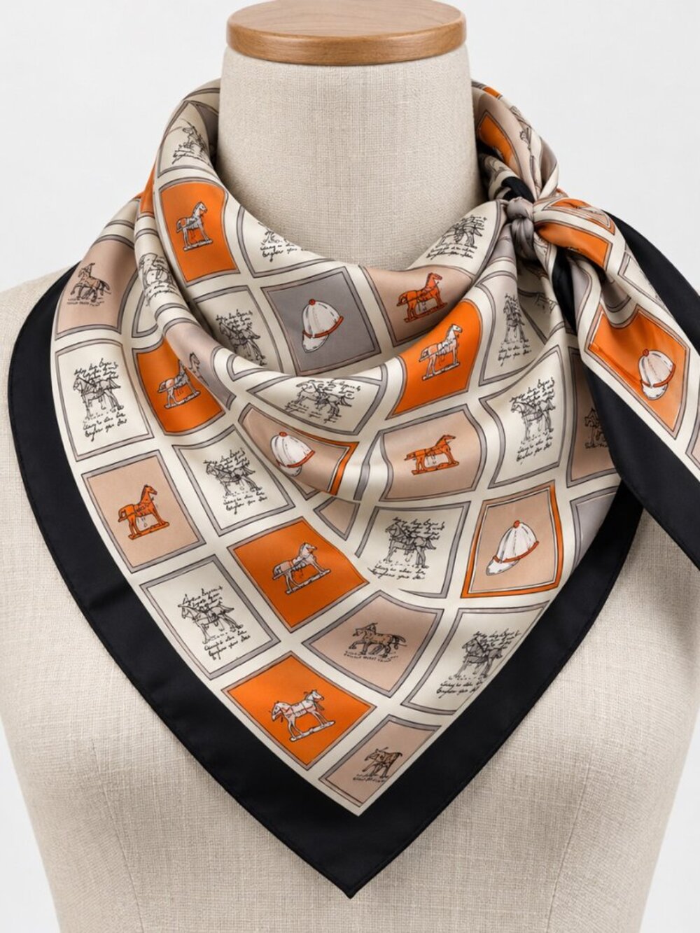 Orange Cream Equestrian Motif Square Scarf 27.6"